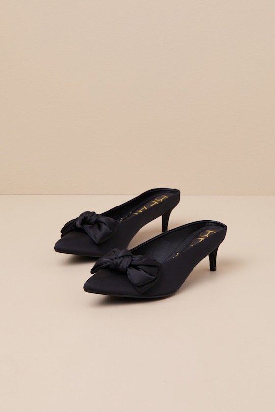Bow Black Satin Kitten Heel Mule Pumps