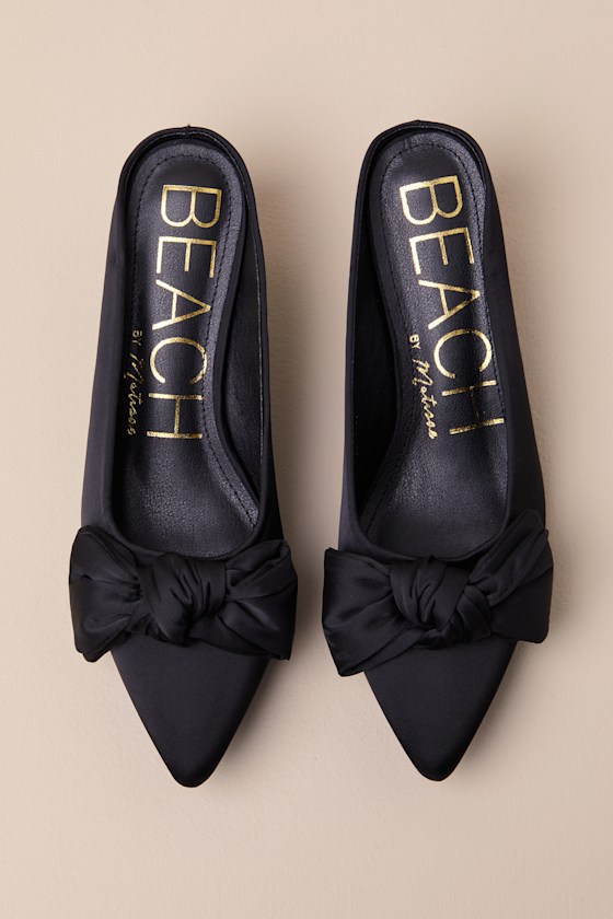 Beach By Matisse Bow Black Satin Kitten Heel Mule Pumps In Black