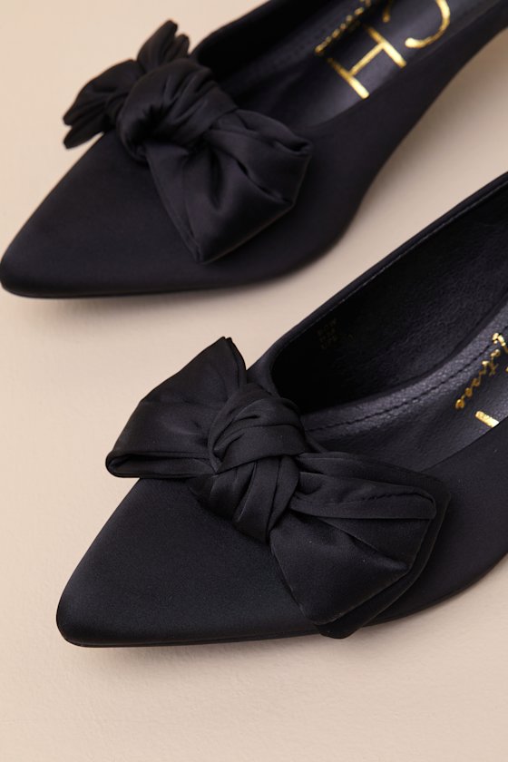 Beach By Matisse Bow Black Satin Kitten Heel Mule Pumps In Black