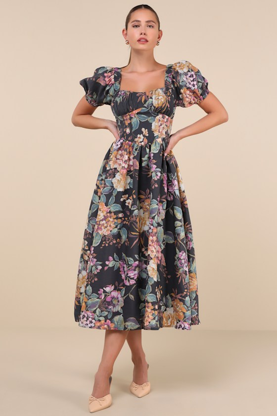 Image of Adorable Tendencies Dark Grey Floral Puff Sleeve Midi Dress