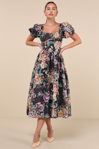 Adorable Tendencies Dark Grey Floral Puff Sleeve Midi Dress 2