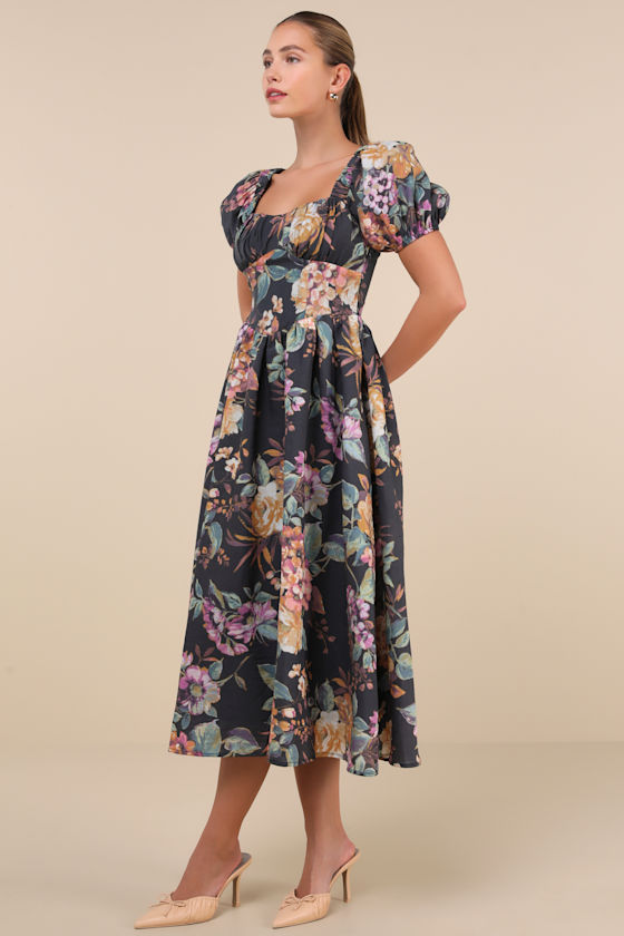 Adorable Tendencies Dark Grey Floral Puff Sleeve Midi Dress 3