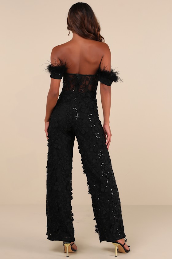 LULUS MIDNIGHT SPARKLE BLACK MESH EMBROIDERED FEATHER BUSTIER JUMPSUIT