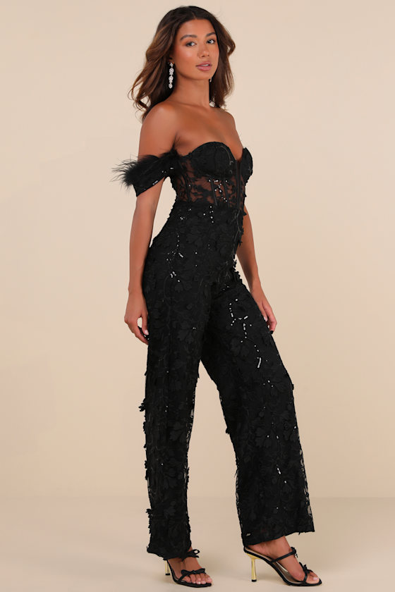 LULUS MIDNIGHT SPARKLE BLACK MESH EMBROIDERED FEATHER BUSTIER JUMPSUIT