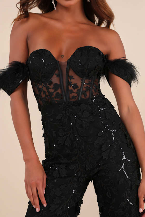 LULUS MIDNIGHT SPARKLE BLACK MESH EMBROIDERED FEATHER BUSTIER JUMPSUIT