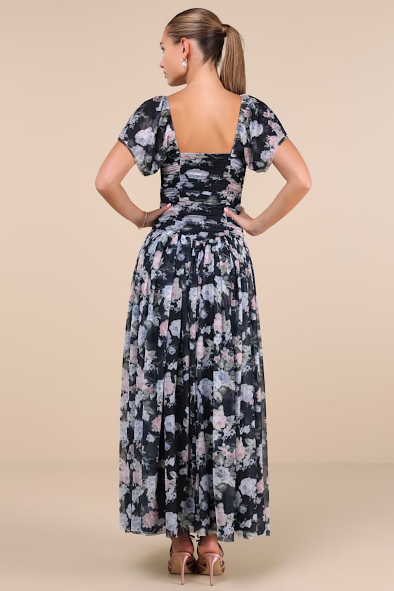 LULUS MAJORLY DREAMY NAVY FLORAL MESH RUCHED DROP WAIST MAXI DRESS 