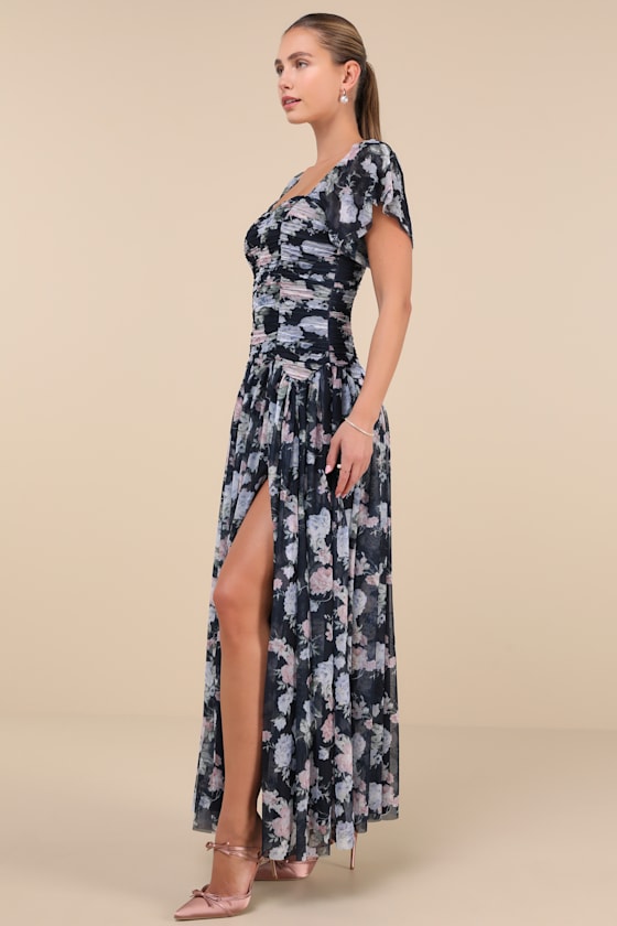 LULUS MAJORLY DREAMY NAVY FLORAL MESH RUCHED DROP WAIST MAXI DRESS 