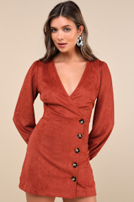Chicest Aura Rust Suede Surplice Long Sleeve Mini Dress 2