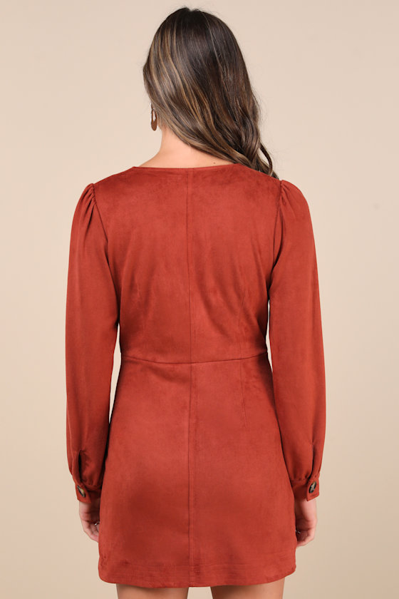 Lulus Chicest Aura Rust Suede Surplice Long Sleeve Mini Dress In Orange