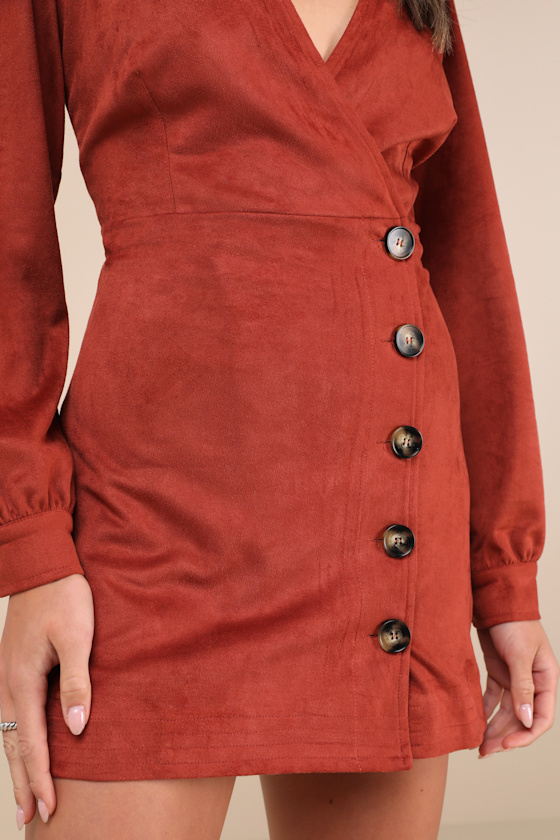 Lulus Chicest Aura Rust Suede Surplice Long Sleeve Mini Dress In Orange