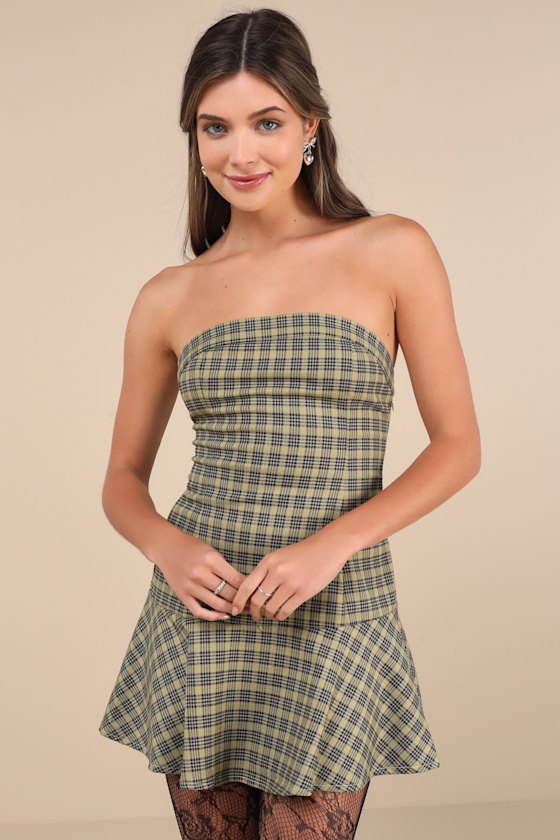 Motel Hadia Yellow Plaid Strapless Drop Waist Mini Dress In Yellow