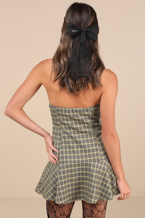 Motel Hadia Yellow Plaid Strapless Drop Waist Mini Dress In Yellow