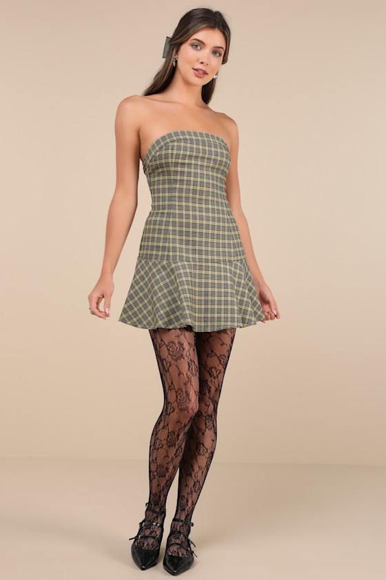 Motel Hadia Yellow Plaid Strapless Drop Waist Mini Dress In Yellow