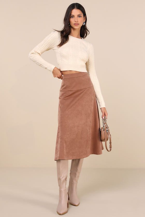 Flawless Composure Brown Suede High-Waisted Midi Skirt 1