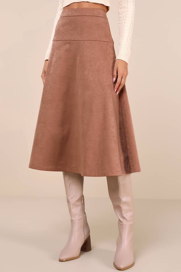 Flawless Composure Brown Suede High-Waisted Midi Skirt