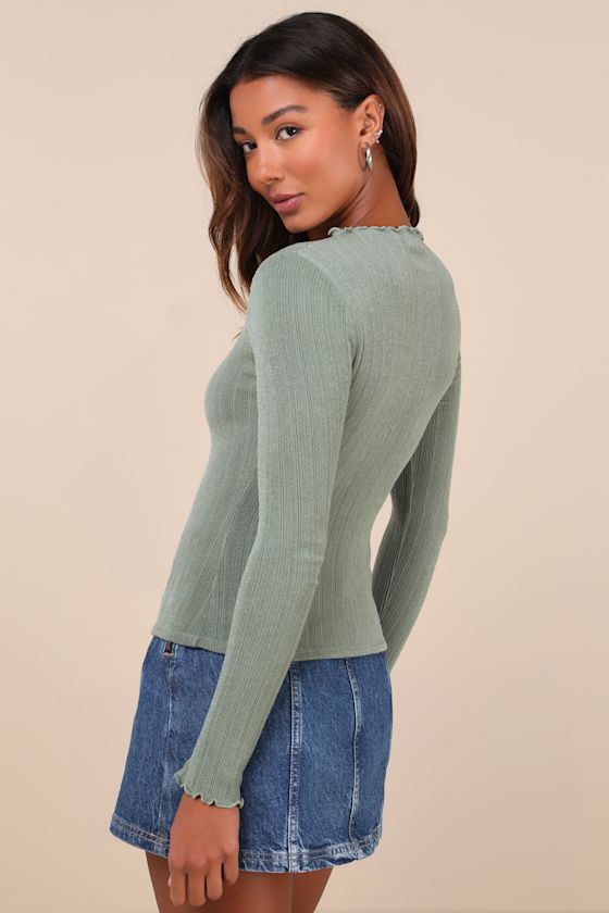LULUS CHARMED VIBES SAGE GREEN RIBBED LETTUCE EDGE LONG SLEEVE TOP