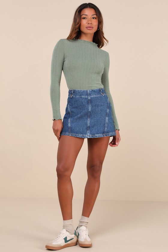 LULUS CHARMED VIBES SAGE GREEN RIBBED LETTUCE EDGE LONG SLEEVE TOP
