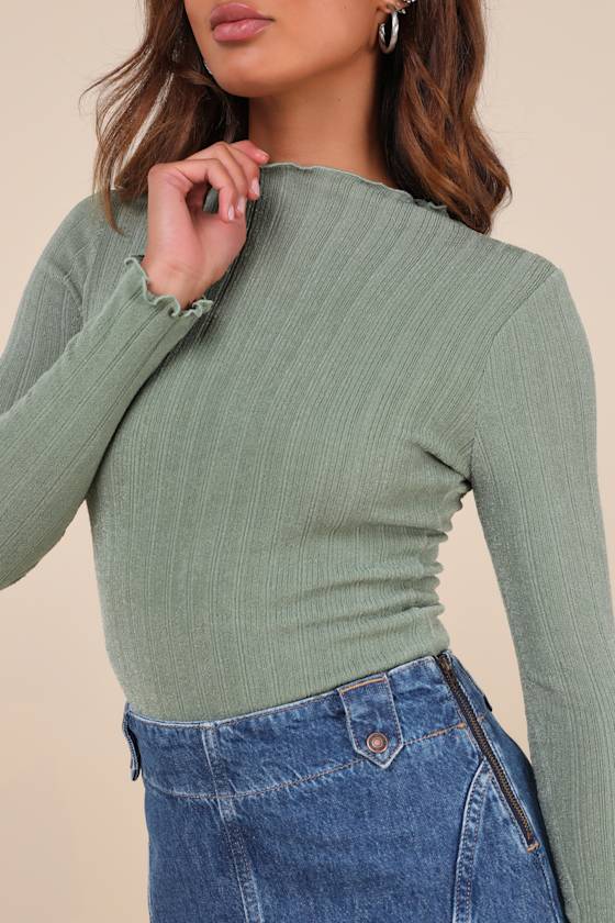 LULUS CHARMED VIBES SAGE GREEN RIBBED LETTUCE EDGE LONG SLEEVE TOP