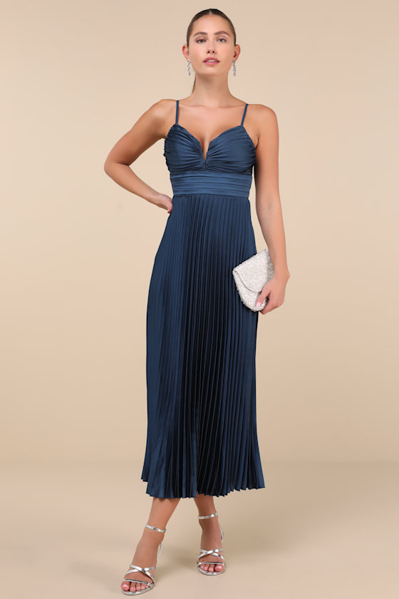 Fabulous Perfection Navy Blue Satin Pleated Midi Dress 2