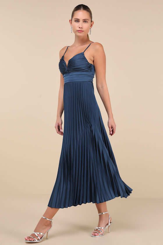 Lulus Fabulous Perfection Navy Blue Satin Pleated Midi Dress In Navy Blue
