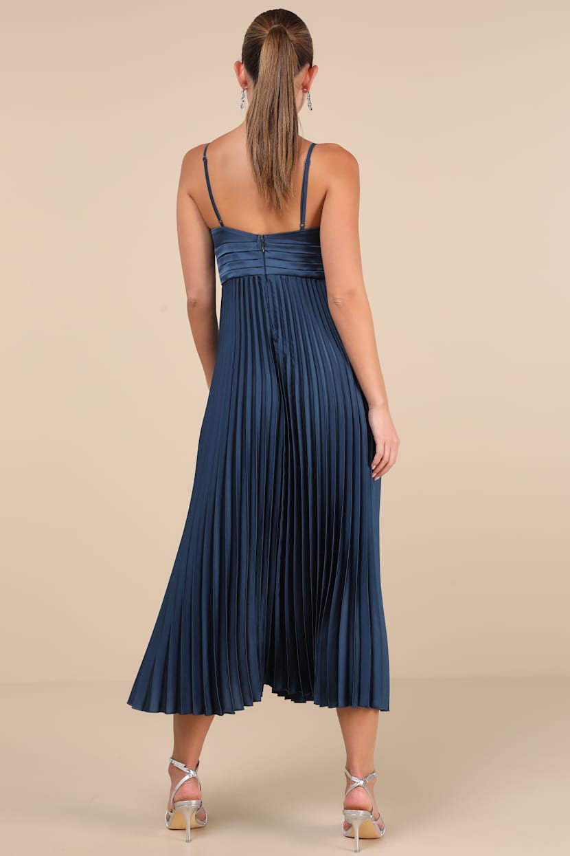 Fabulous Perfection Navy Blue Satin Pleated Midi Dress