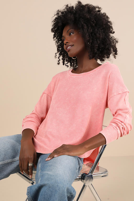 Washed Pink Top - Waffle Knit Thermal Top - Long Sleeve Top