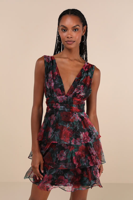 Poised Inspiration Black Multi Floral Organza Tiered Mini Dress 2