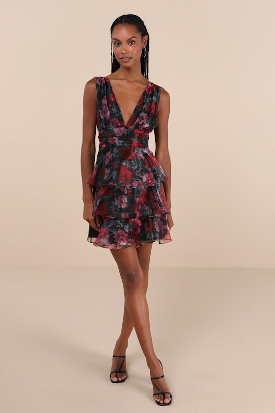 Poised Inspiration Black Multi Floral Organza Tiered Mini Dress 4