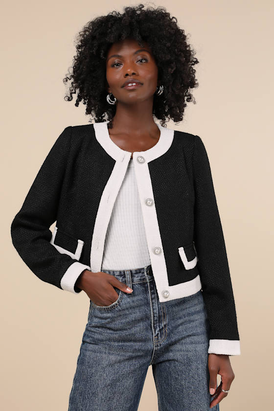 LULUS DESIRABLY POSH BLACK AND WHITE COLOR BLOCK TWEED JACKET