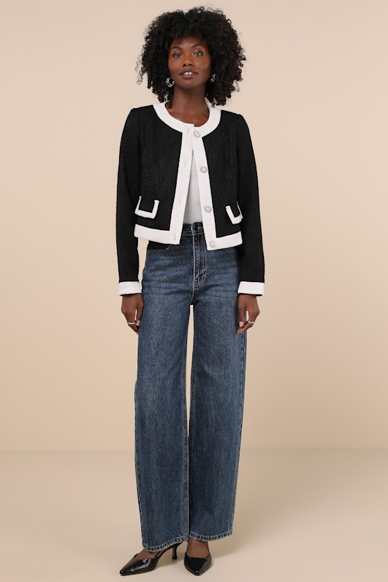 LULUS DESIRABLY POSH BLACK AND WHITE COLOR BLOCK TWEED JACKET