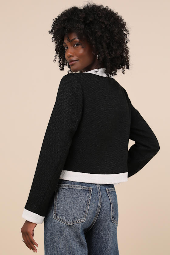 LULUS DESIRABLY POSH BLACK AND WHITE COLOR BLOCK TWEED JACKET