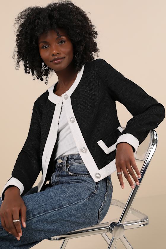 LULUS DESIRABLY POSH BLACK AND WHITE COLOR BLOCK TWEED JACKET