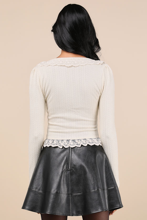 Lulus Coquette Appeal Cream Pointelle Lace Long Sleeve Top In White