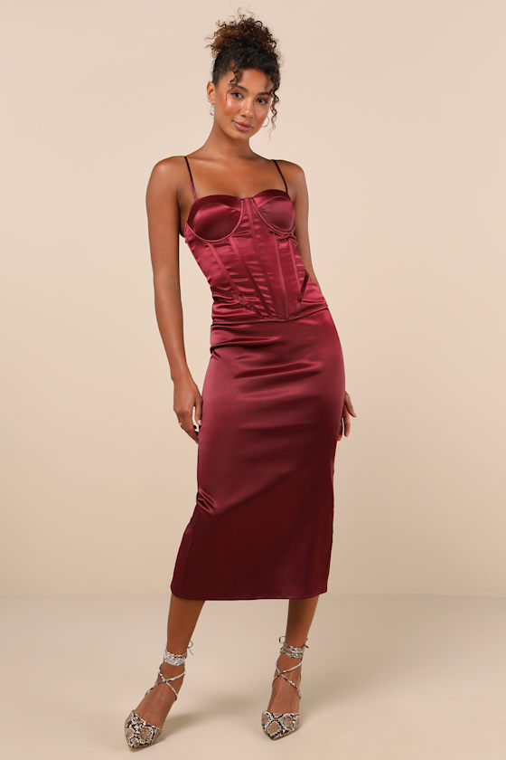Lulus Alluring Duo Wine Satin Bustier Two-piece Midi Dress In Red
