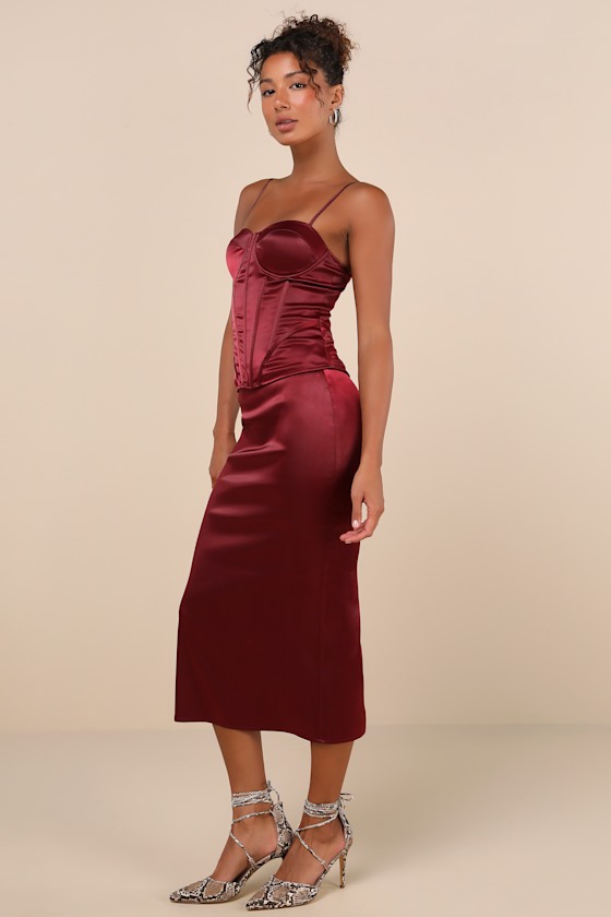 Lulus Alluring Duo Wine Satin Bustier Two-piece Midi Dress In Red