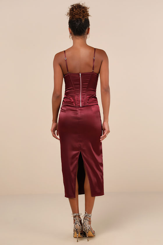 Lulus Alluring Duo Wine Satin Bustier Two-piece Midi Dress In Red