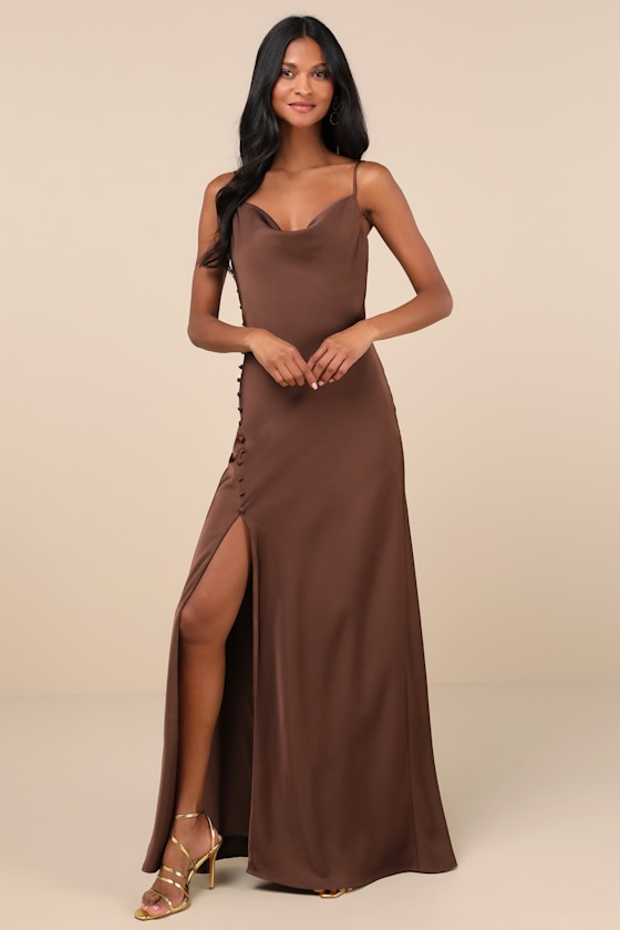 Brown Maxi Dress - Cowl Neck Dress - Side Button Satin Slip Dress - Lulus