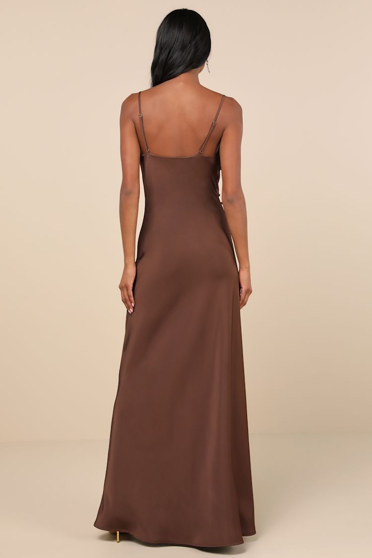 Brown Maxi Dress - Cowl Neck Dress - Side Button Satin Slip Dress - Lulus