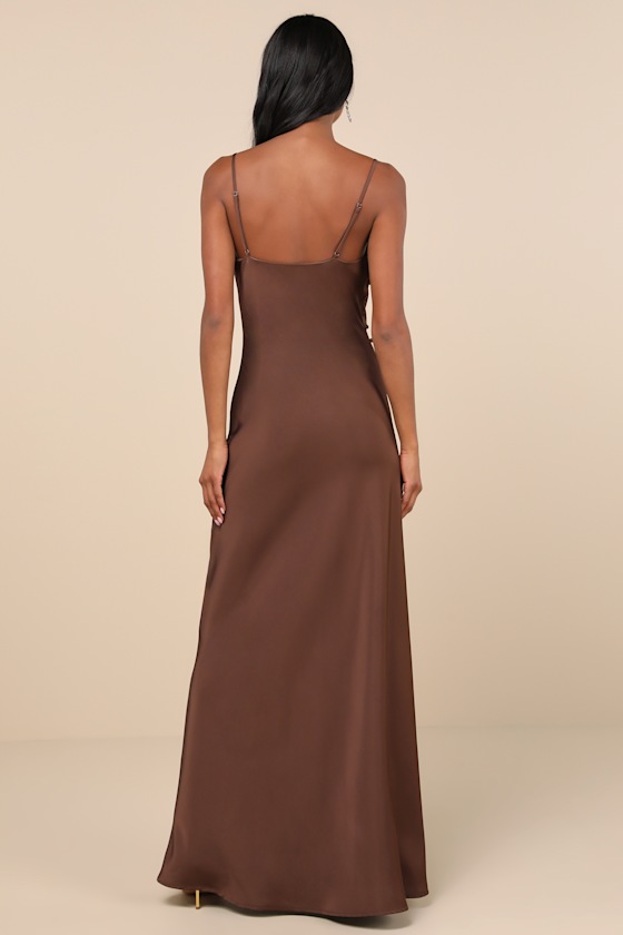 Truly a Beauty Dark Brown Satin Cowl Neck Side Button Maxi Dress 1