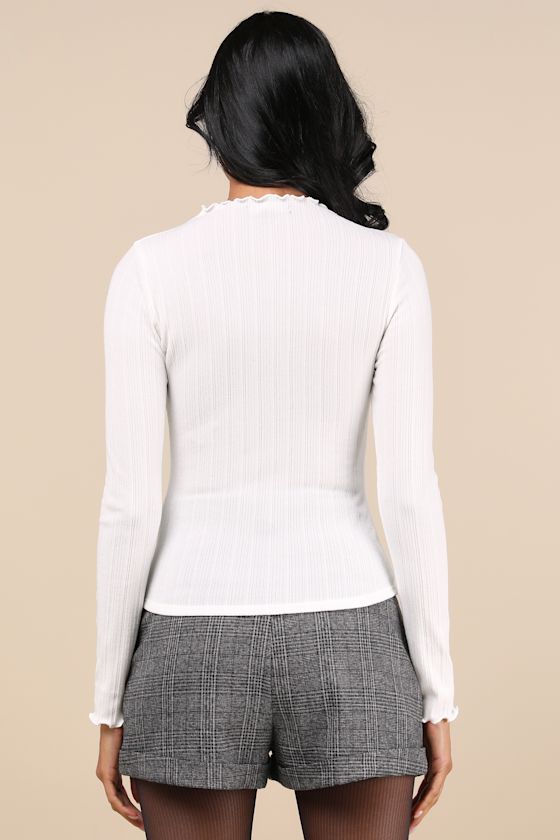 LULUS CHARMED VIBES IVORY RIBBED LETTUCE EDGE LONG SLEEVE TOP