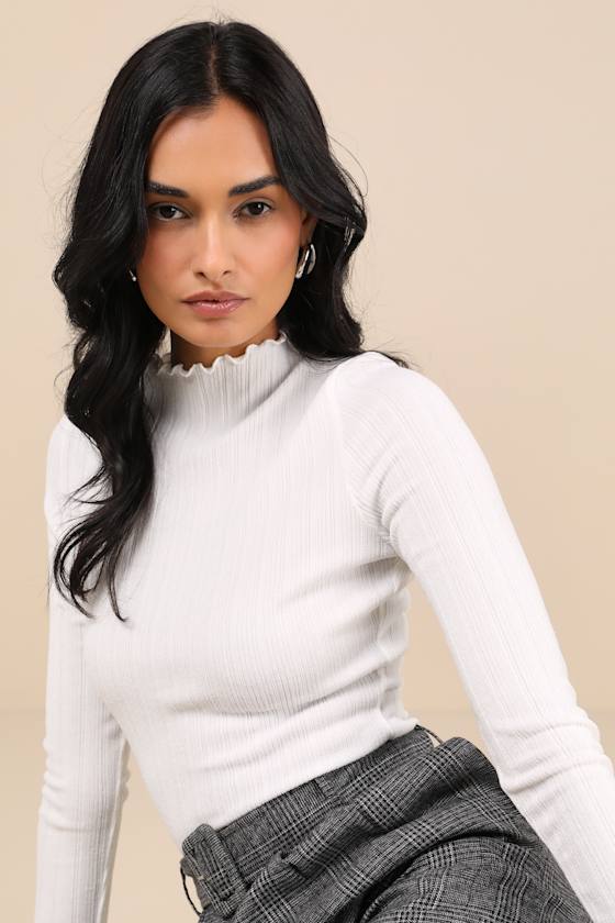 LULUS CHARMED VIBES IVORY RIBBED LETTUCE EDGE LONG SLEEVE TOP