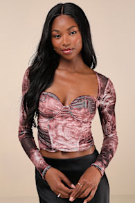 Coy Cutie Mauve Abstract Print Mesh Bustier Long Sleeve Crop Top 4