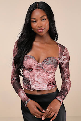 Coy Cutie Mauve Abstract Print Mesh Bustier Long Sleeve Crop Top 4