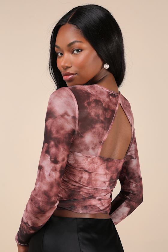 LULUS COY CUTIE MAUVE ABSTRACT PRINT MESH BUSTIER LONG SLEEVE CROP TOP