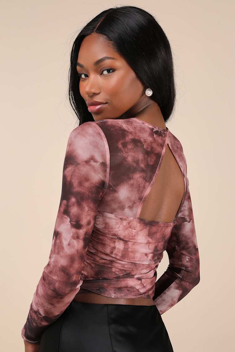 Coy Cutie Mauve Abstract Print Mesh Bustier Long Sleeve Crop Top