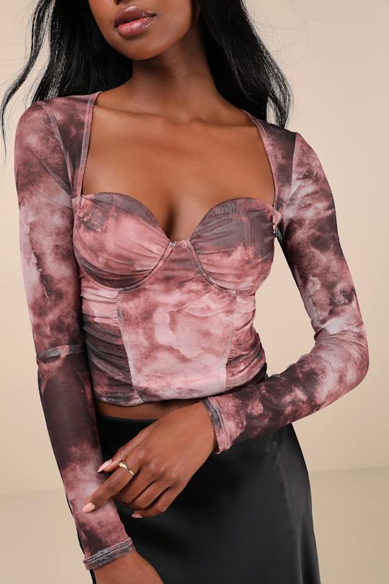 LULUS COY CUTIE MAUVE ABSTRACT PRINT MESH BUSTIER LONG SLEEVE CROP TOP