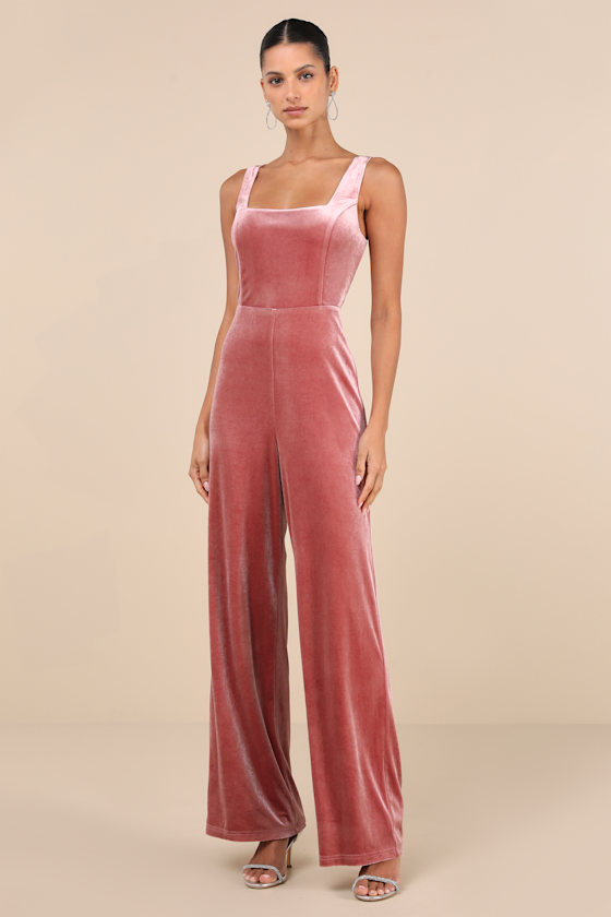 Splendidly Stunning Dusty Rose Velvet Lace-Up Wide-Leg Jumpsuit 1