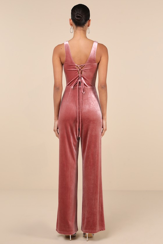 Lulus Splendidly Stunning Dusty Rose Velvet Lace-up Wide-leg Jumpsuit In Dusty Rose