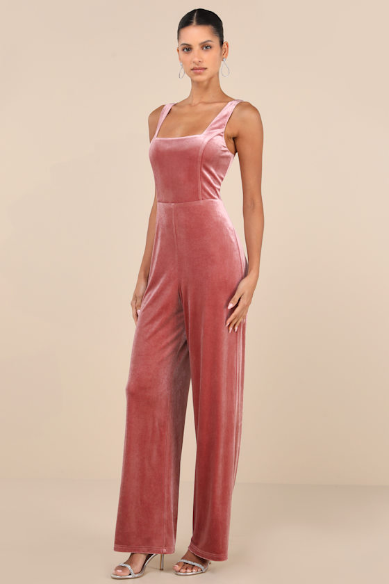 Lulus Splendidly Stunning Dusty Rose Velvet Lace-up Wide-leg Jumpsuit In Dusty Rose