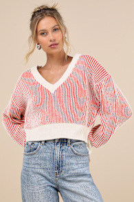 Attractively Cozy Red and White Striped V-Neck Pullover Sweater 1